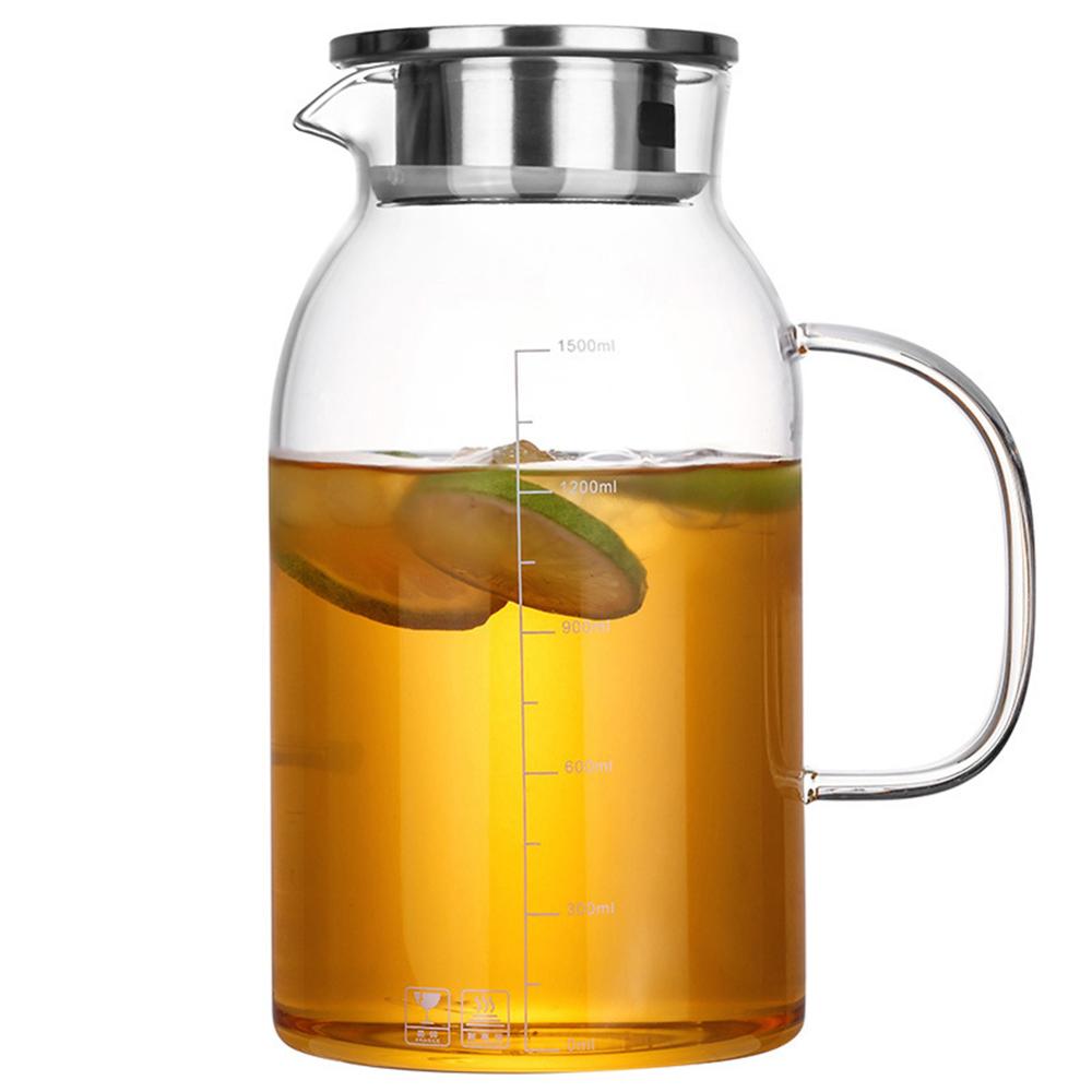 1800ml Glass Kettle Water Jug Heat Resistant Flower With Bamboo Lid Stainless Steel Filter Juice Container