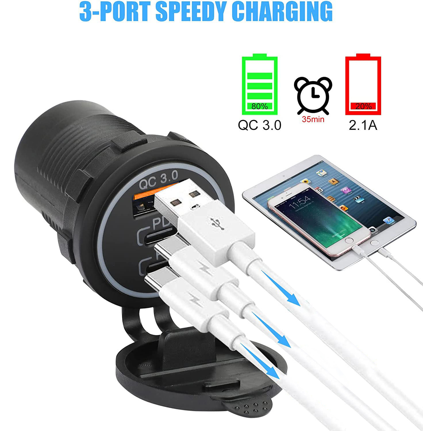 Enchufe de cargador de coche USB de 12V, doble puerto de 30W PD USB-C USB-C y 18W QC3.0, accesorios de cargador de coche para coche, RV, barco, camión marino y motocicleta