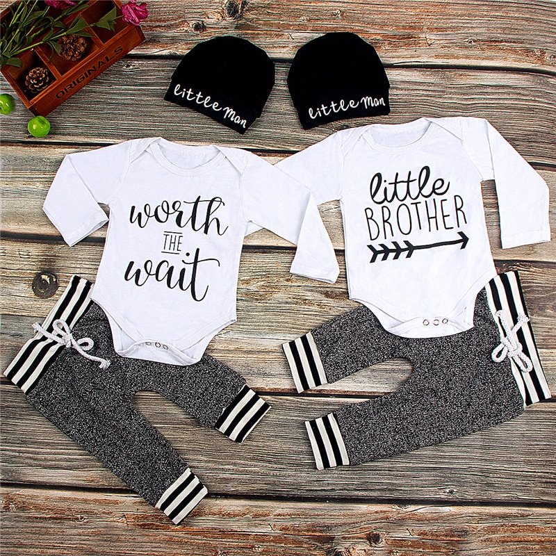 Neugeborenen Baby Junge Kleidung setzt 3 stücke Kleinen Bruder Langarm knapp drucken Strampler Schlauch Hüte Outfit Kleidung