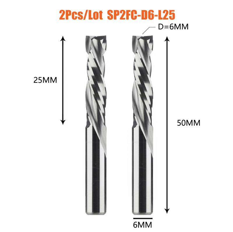 2PCS/LOT Compression Milling Cutter Woodwork UP&amp;DOWN Cut Two Flute Spiral Carbide Milling Tool CNC Router Bits Wood End Mill: 2PC-SP2FC-D6.0-L25