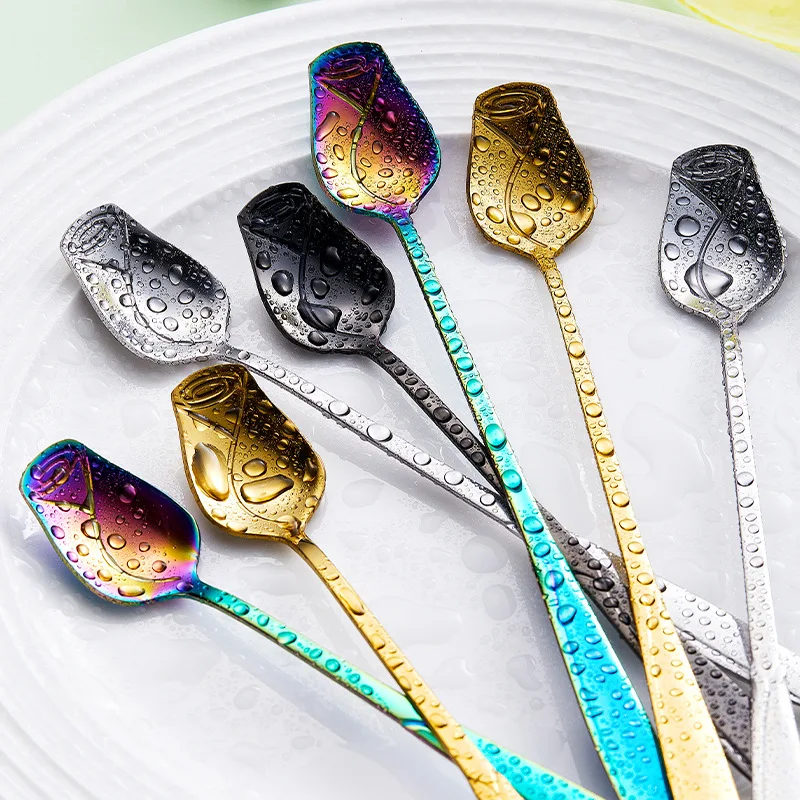 Long Handle Teaspoon Stainless Steel Rose Mixing Spoon Unusual Teaspoons for Dessert Honey Salad Tea Coffee Spoons Year