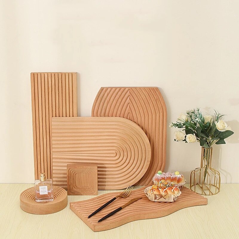 Food Photography Photo Props Wooden Crafts Wave Pattern Food Fruit Dessert Dinner Bread Tea Coffee Trays Plates Storage
