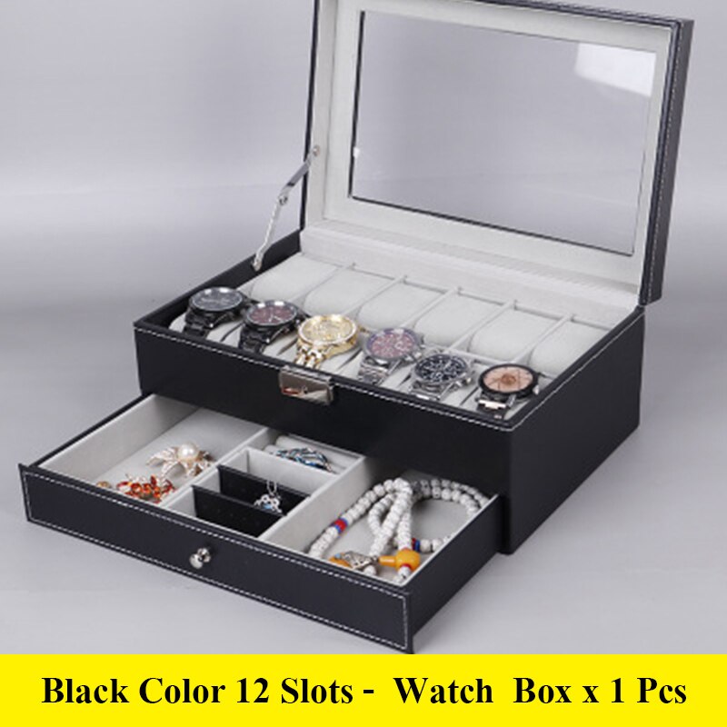 12 Grids luxury Black/Brown color leather men watch box with jewelry holder box: Black