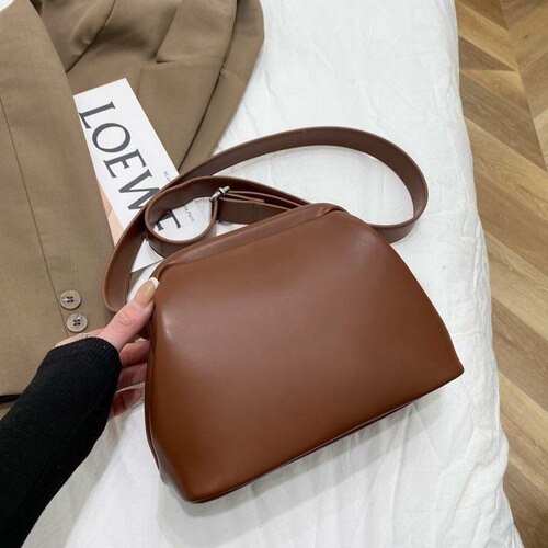 Solid Color Shell Bag Spring High PU Leather Women's Handbag Travel Shoulder Messenger Bag: Brown