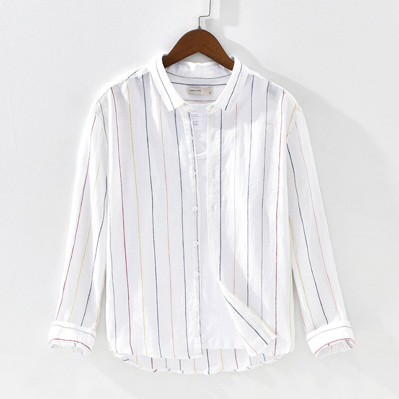 Gestreept overhemd van zuiver linnen voor heren, lange mouwen, ademend, gemaakt van hennep, gml 03-1932: Wit / Xl