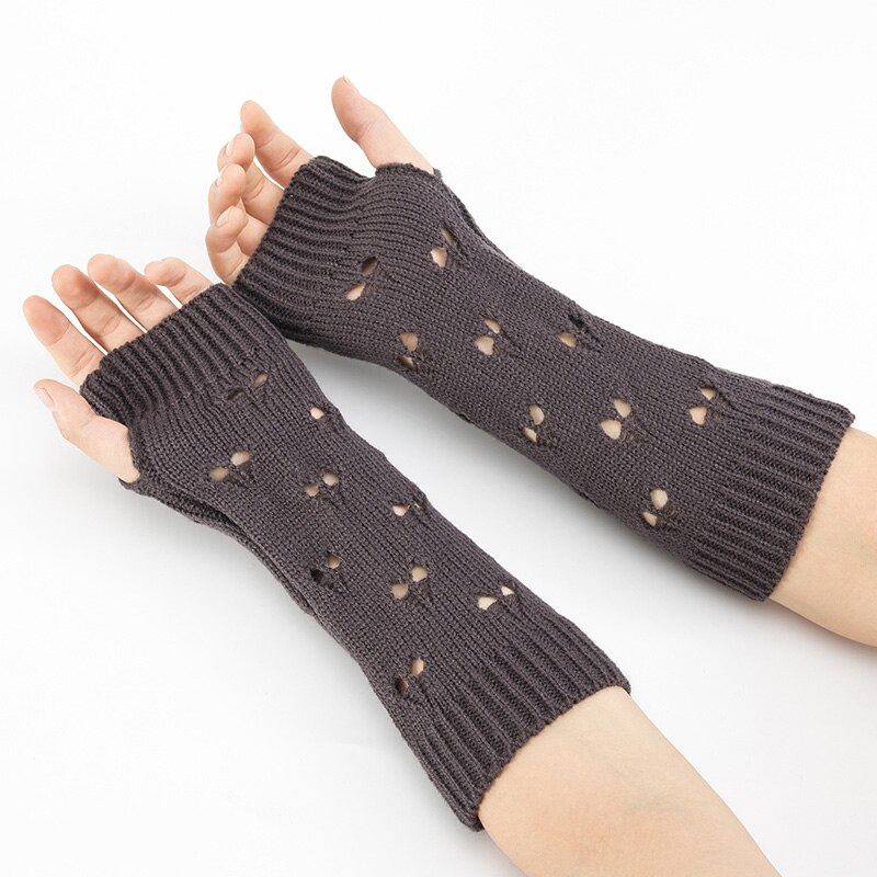 1 par kvinder vinter udhulede hæklede fingerløse handsker ribbet strik trim armopvarmere ensfarvet elastisk vante med tommelfingerhul: Mørkegrå