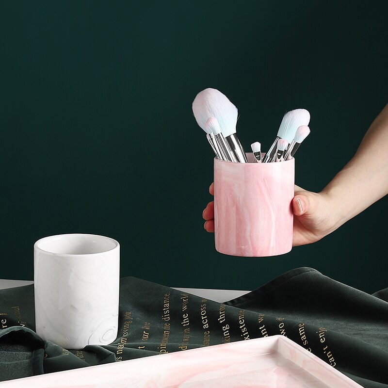 Keramische Marmer Patroon Make Up Borstel Organizer Cosmetische Wenkbrauwpotlood Lipstick Opslag Buis Pen Houder Sieraden Opbergdoos
