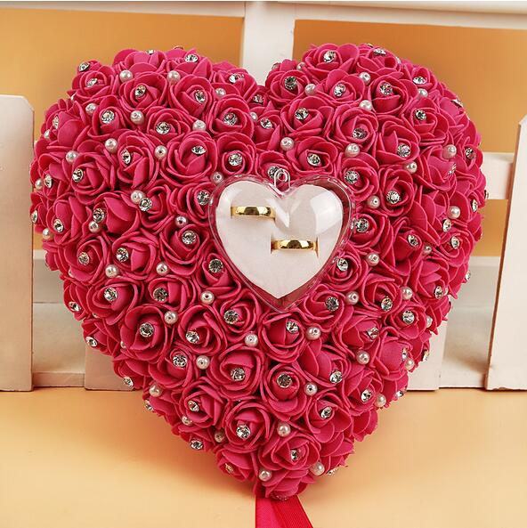 Rose Wedding Ring Kussen met Ring Box Trouwring Houder Toonder Doos Hartvorm Rhinestione Voor Bruiloft Decoratie: fushia
