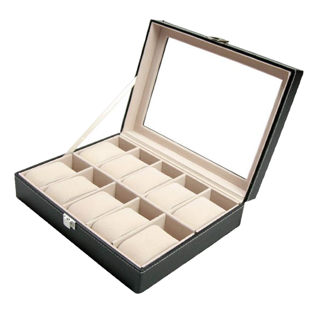10 Slot Lederen Horloge Doos Glas Top Horloge Sieraden Display Case Organizer Business Horloge Organizer Met Afneembare Kussen