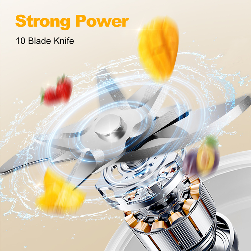 Elektrische sapcentrifuge, draagbare blender met 10 messen, digitaal LED-display, kleine sapbeker, oplaadbare draadloze huishoudelijke milkshake-sap