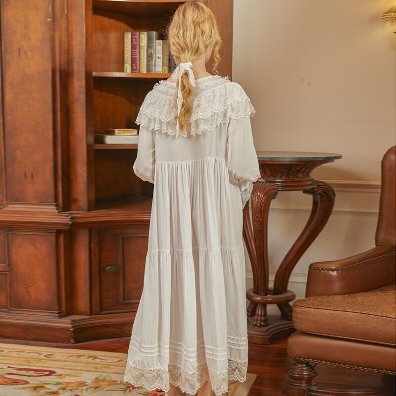 Victoriaanse Witte Nacht Jurk Vrouwen Lange Mouwen Romantische Vintage Nachtjapon Retro Prinses Nachtkleding Grote Maat Losse Peignoir Robe