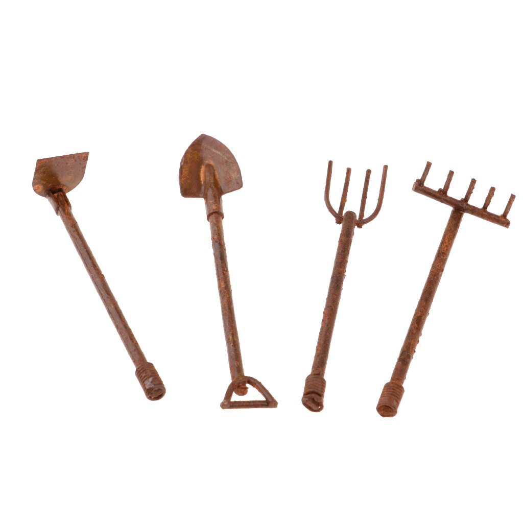 Poppenhuis Miniatuur Oude Metalen Schoppen Schoffel & Pitchfork Set Tuin Decor