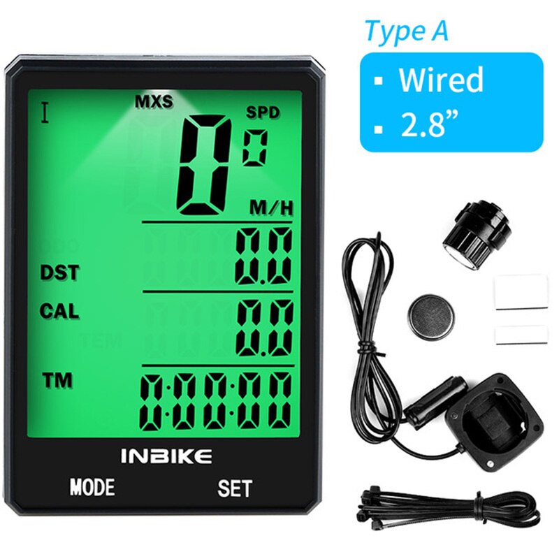 WEST BIKING 2.8 Inch LED Wireless Odometer Bicycle Computer With Backlight Rainproof Speedometer Bike Stopwatch Cadence Sensor: Wired green light