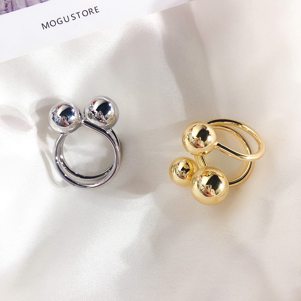 HUANZHI Exaggeration Gold Color Metal Ball Open Rings Simple Geometric Irregular Finger Rings for Women Party Jewelry