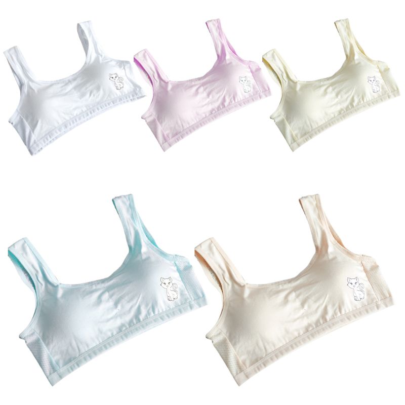 Puberty Girls Wide Straps Candy Color Sport Training Bra Underwear Breathable Mesh Back Bralette Cute Cartoon Print Crop Top