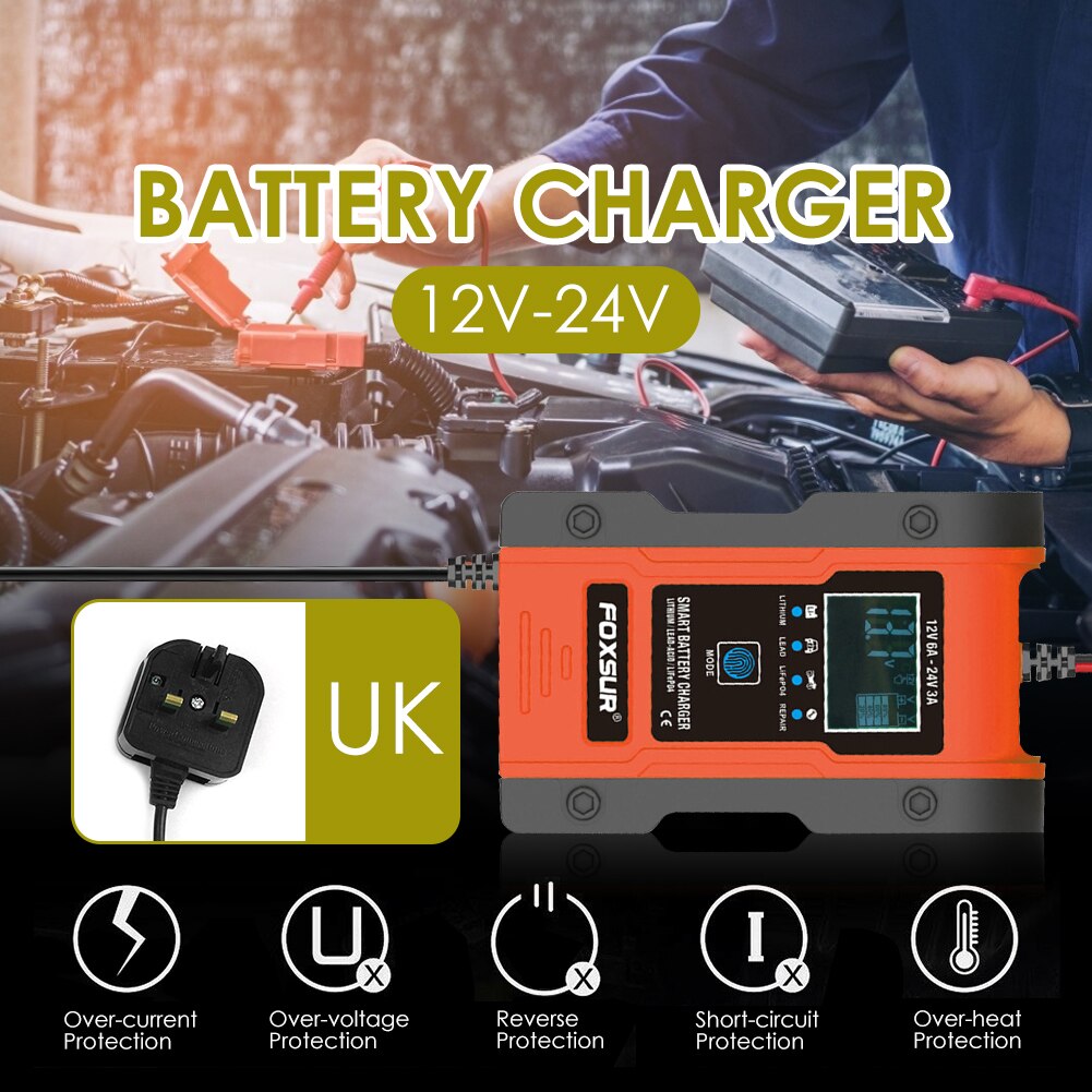 12V 6A 24V 3A Car Smart Battery Charger Automatic Pulse Repair Charger with LCD Display for AGM GEL WET Lead Acid Battery