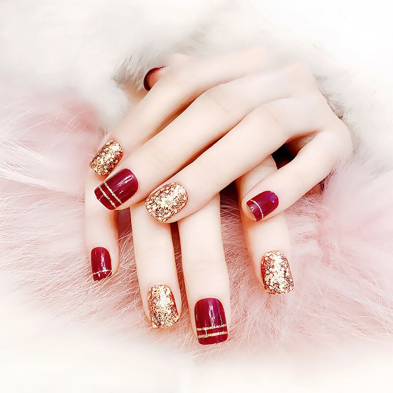 24 pièces magnifiques faux ongles avec colle Champagne vin rouge court brillant doré paillettes faux ongles mariage mariée complet ongles conseils