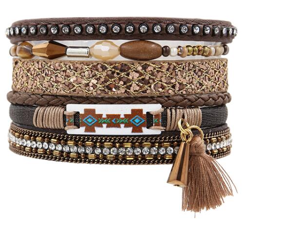 STRATHSPEY Etnische Kwasten Sieraden Armband Vrouwen multi-layer Lederen Touw Strass Magneet Sluiting Bangle Bracelete Feminino Blauw: Brown Color