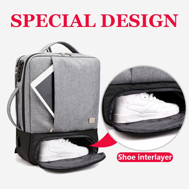 Männer Frauen USB Ladung Reise Geschäft Tasche 15 Zoll Laptop Rucksack Männlichen Wasserdichte Anti-diebstahl Schuh Lagerung Taschen Rucksäcke für Männer
