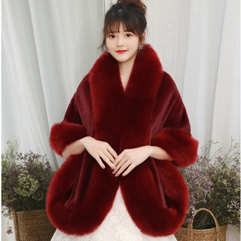 JaneVini Burgundy Wedding Jacket Furry Bridal Faux Fur Shawl Wrap Winter Bolero Cloak Women Evening Party Stole In Stock: Burgundy