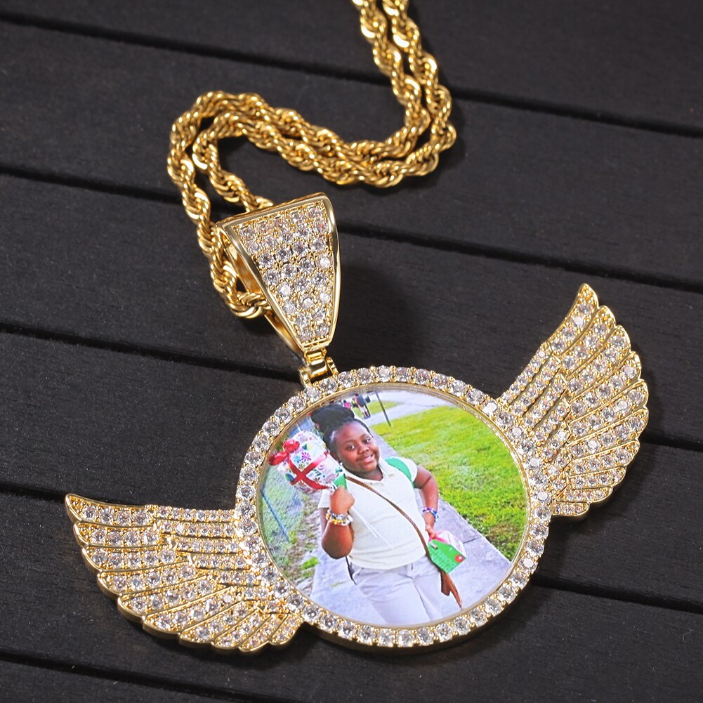 THE BLING KING Cubic Zirconia Made Photo Pendant Necklace Soild Back Full Iced Out Wing Round Tag Hiphop Jewelry