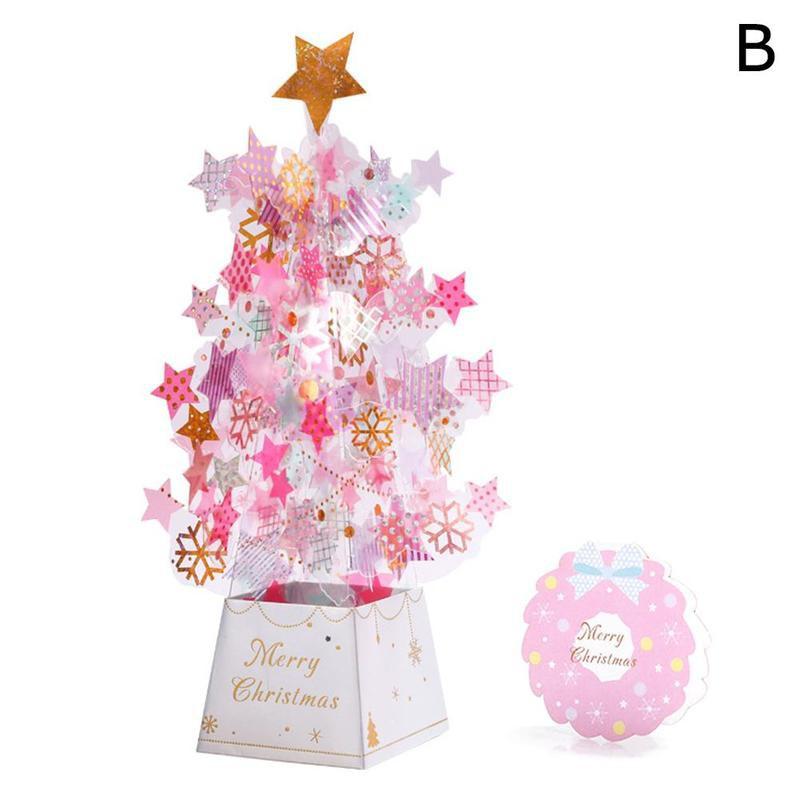 3D Greeting Cards For Christmas Up Cards Crystal Christmas Tree Merry Xmas Decoration Greeting Cards For Christmas: pink