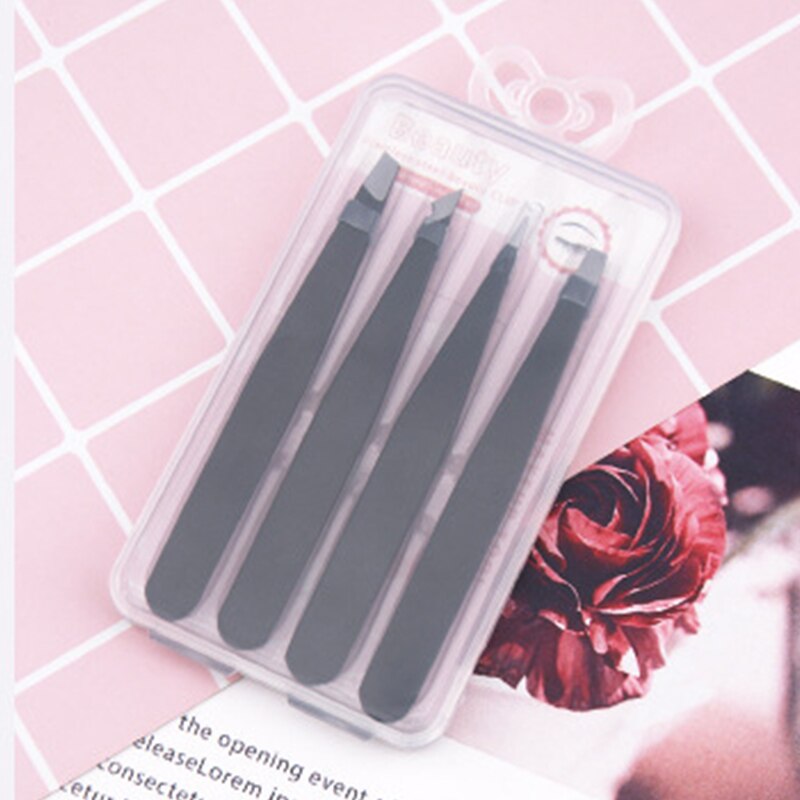 Juego de 3 unids/set de depilación de Punta inclinada de Metal, Mini pinzas para cejas, extensión de pestañas, pinzas de injerto, pinzas, herramientas de maquillaje: BLACK