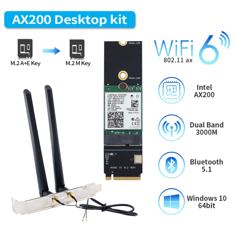 3000Mbps Wifi 6 Wireless Card Bluetooth 5.1 M.2 Key M Adapter Riser Card 802.11ax For Intel AX200 AX200NGW Wireless Network Card