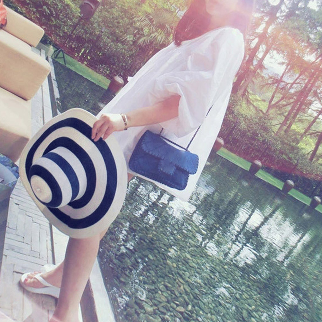 female sun shade Womens Big Bowknot Straw Hat Stripe Floppy Foldable Roll up Beach Cap Sun hat woman summer