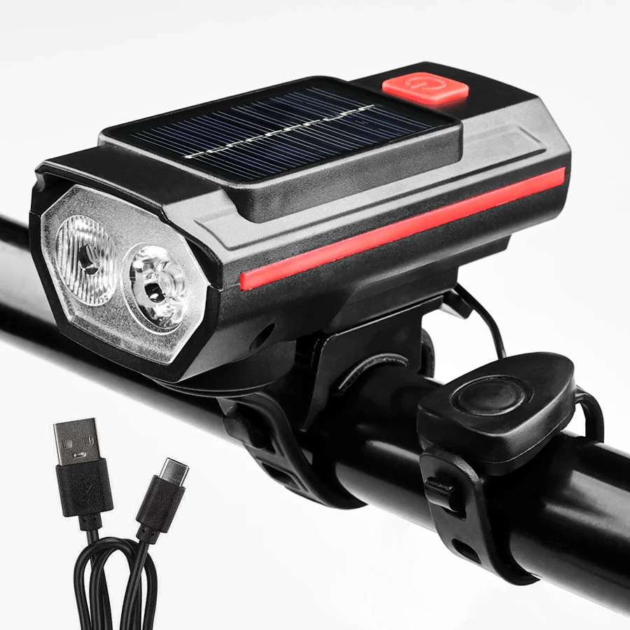 Luz Solar para bicicleta con bocina, 120dB, TYPE-C, recargable, lámpara frontal para bicicleta de montaña y carretera, linterna para bicicleta de 1200 mah: Rojo