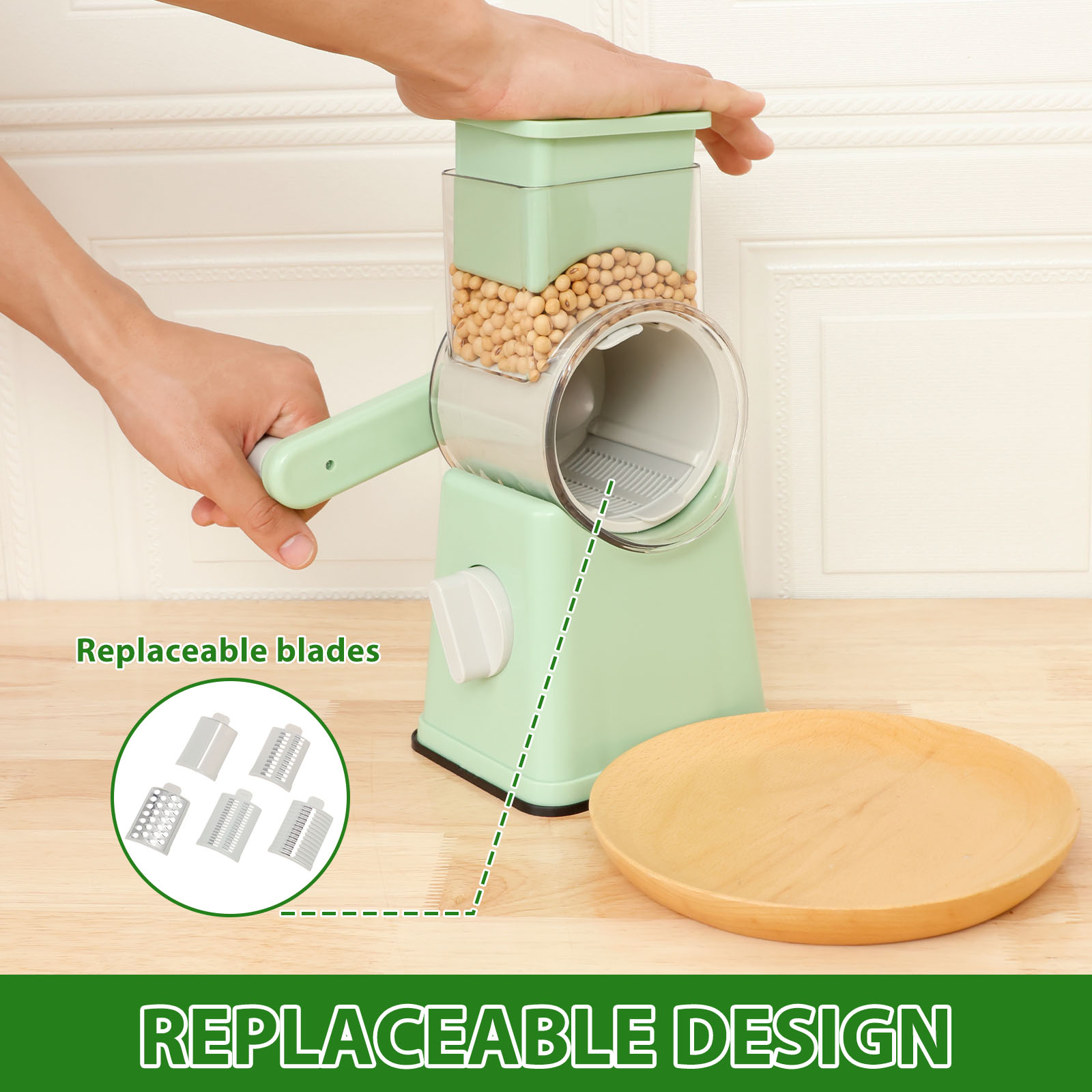 Rallador de queso giratorio, cortador de verduras multifuncional con 12 cuchillos rizados de acero inoxidable, cortadores de rodillo para apretar a mano para Cocina