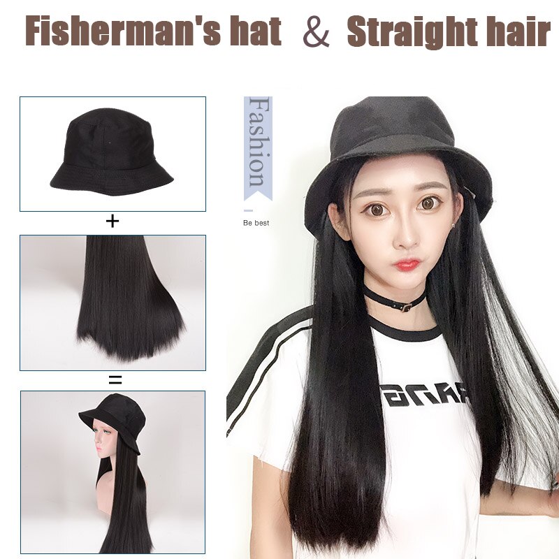 Perruque synthétique longue avec cheveux ondulés/lisses et chapeau bob noir avec extension capillaire