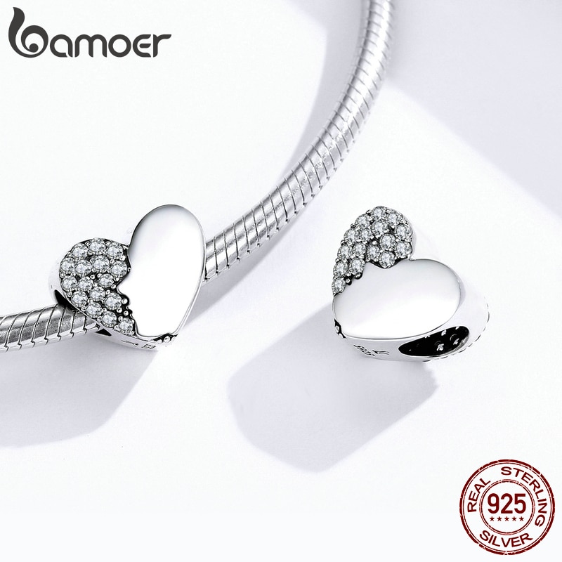Bamoer 925 prata esterlina coração-forma contas de metal para mulheres jóias fazendo amante rosto charme para pulseira original scc1426