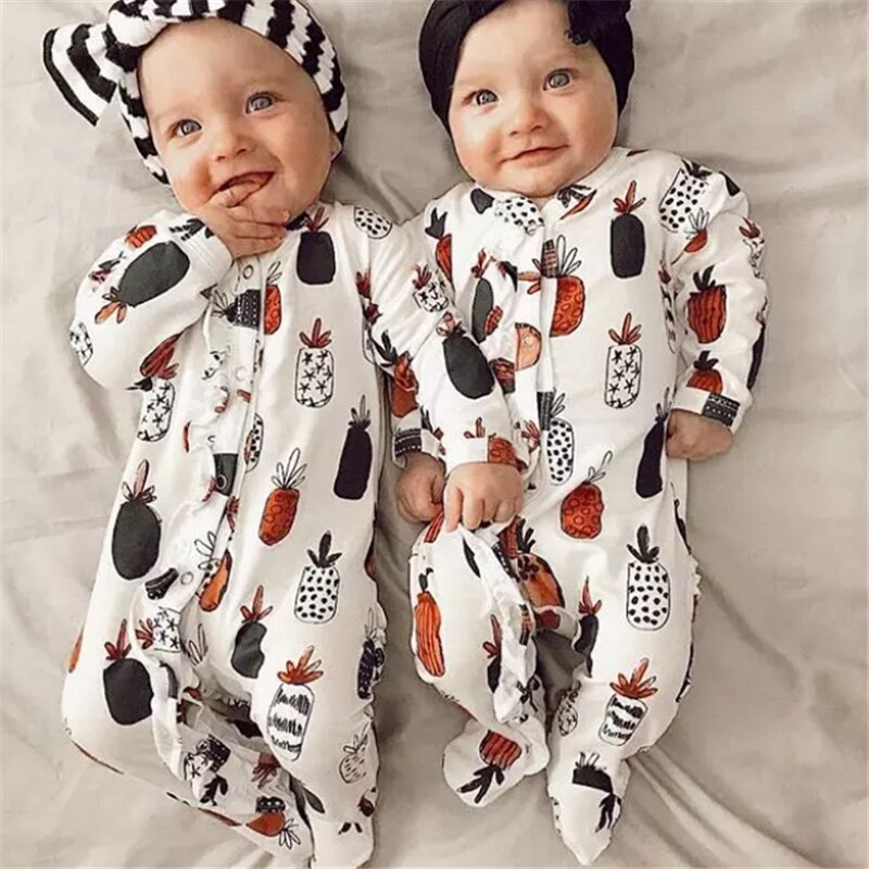 Baby Lente Herfst Kleding 0-18M Pasgeboren Meisjes Jongen Rompertjes Katoen Lange Mouw Jumpsuit Outfit Kleding Hoofdband Voor kids Baby