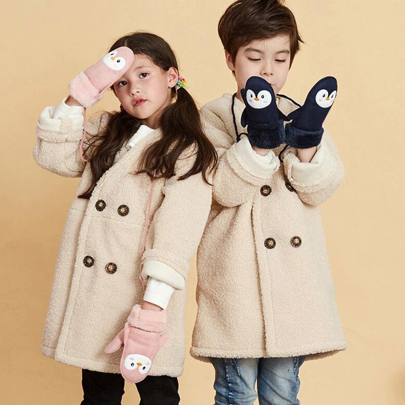 Gants pour enfants hiver épais cachemire dessin animé pingouin requin daim cuir gants garçon/fille suspendus cou mitaines de Ski H29