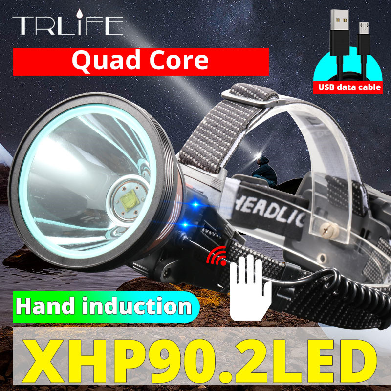 Quad Core Inductie Sensor Led-koplampen Xlamp XHP90.2 Usb Reachargeable 3 Modes Koplamp Lantaarn Head Lamp Gebruik 3*18650