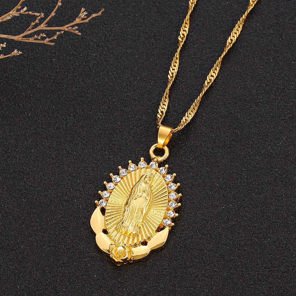 Collar de religión virgen maría para mujer, colgante de cristal brillante, amuleto protector, joyería femenina, virgen de guadalupe