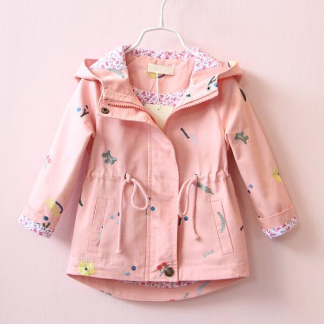 3-7 Years Old Spring Girls Windbreaker Coat Autumn Kids Flower Embroidery Hooded Outwear Kids Coats Jacket Clothing Girls Coat: Pink / 5T