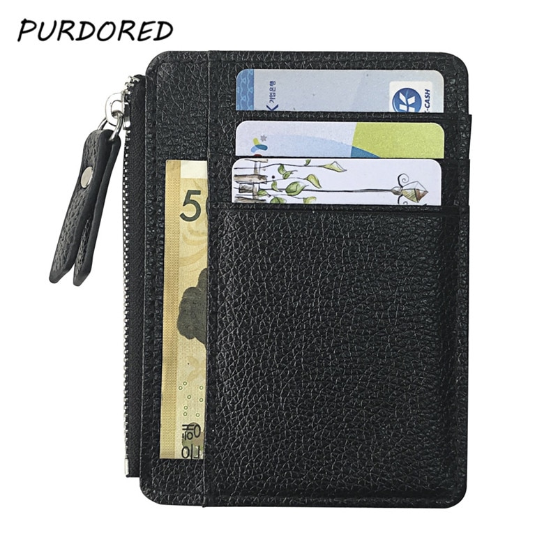 Purdored 1 pc zwarte herenkaarthouder pu leren rits slanke portemonnee portemonnee creditcardhouder bank creditcard portemonnee