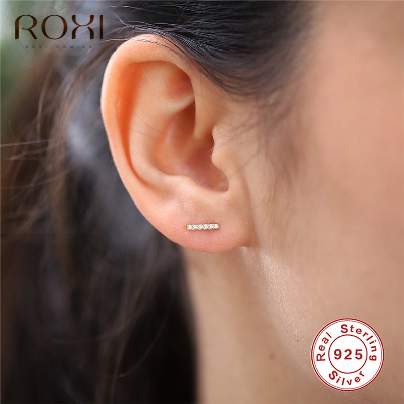 ROXI Minimalist Flat Bar Stud Earrings For Women Geometric T Bar Zircon Birthstone Double Ear Studs 925 Sterling Silver Earrings