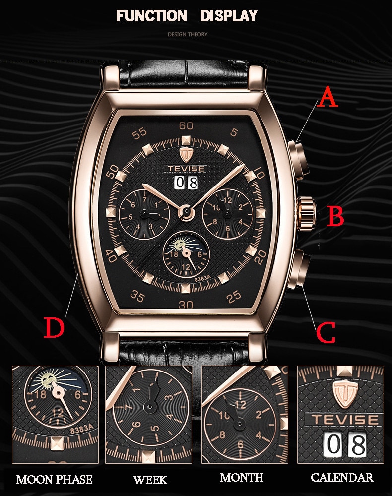 Rétro rectangulaire multi-fonction hommes montres haut de gamme de luxe automatique mécanique montre hommes étanche calendrier horloge