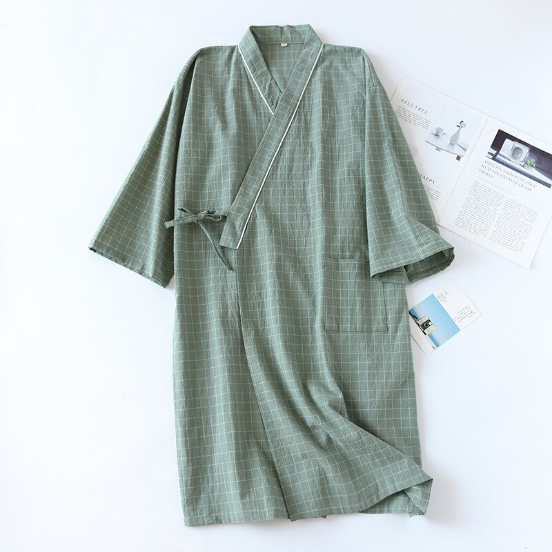 Bata de baño de algodón 100% para hombre, Kimono de estilo japonés, a cuadros, de gasa, suelta, ropa de dormir humeante: A / L