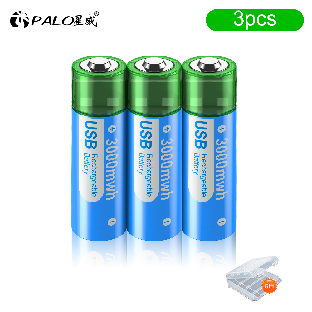 PALO 3000mWh 1.5V AA Li-ion battery HR6 AA USB Rechargeable Lithium batteries 2A AA USB Port Charging Battery With Battery Box: black