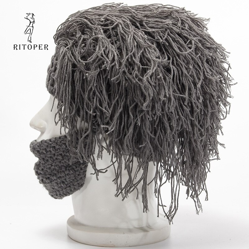 RITOPER Wig Beard Hats Hobo Mad Scientist Caveman Handmade Knit Warm Winter Caps Men Women Halloween Funny Party Beanies