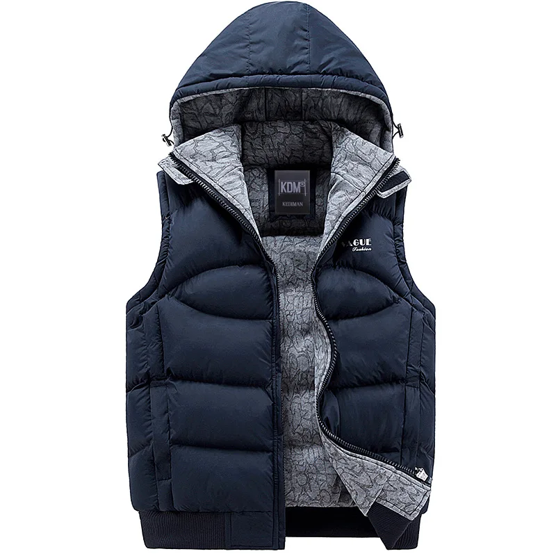 Mode Mouwloze Jas Mannen Verdikking 100% Katoenen Vest Hoed Hooded Warm Vest Winter Vest Mannen Casual Windjack: L / Marineblauw