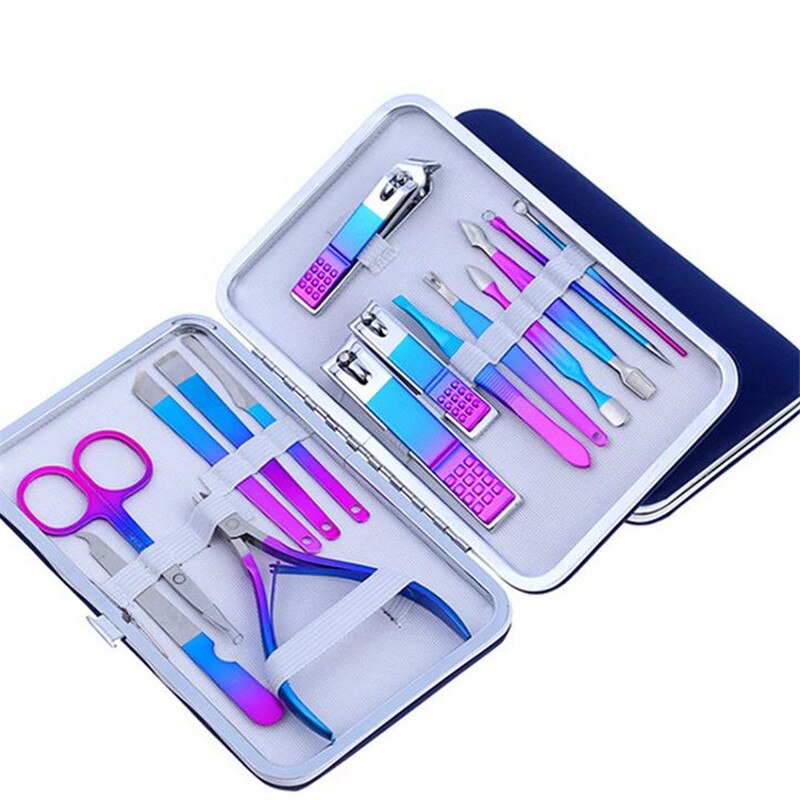 1 Set Rainbow Grandient Manicure Nail Kits Stainless Steel Nail Clippers Set Acne Needle Toenail Grooming Sets 30#