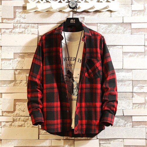 Herr gul långärmad buffel koreanska flanellskjortor 4xl män hip hop streetwear kläder: Röd / 185 96 a (70-80kg)