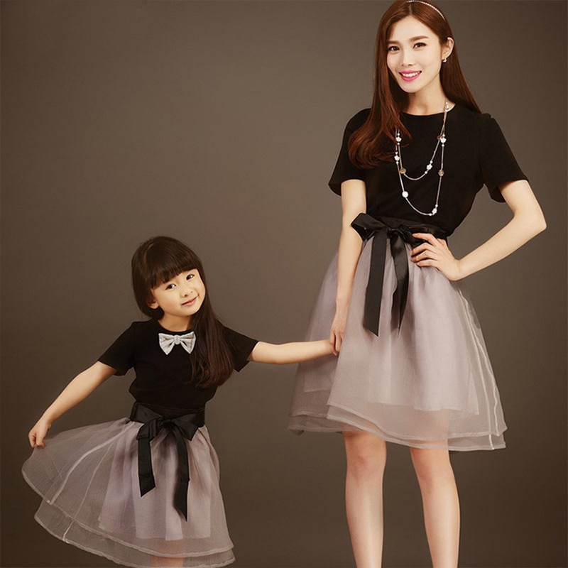 Mother Daughter Dresses Wedding Tutu Skirt Clothing Summer Mom and Daughter Dress Bowtie Family Matching Clothes