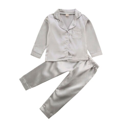 Kinderen satijnen pyjama's met knoopjes, peuters, babyjongens, meisjes, zijden pyjama's, pyjama's met satijnen set, nachtkleding voor kinderen, nachthemd: Zilver / 7t