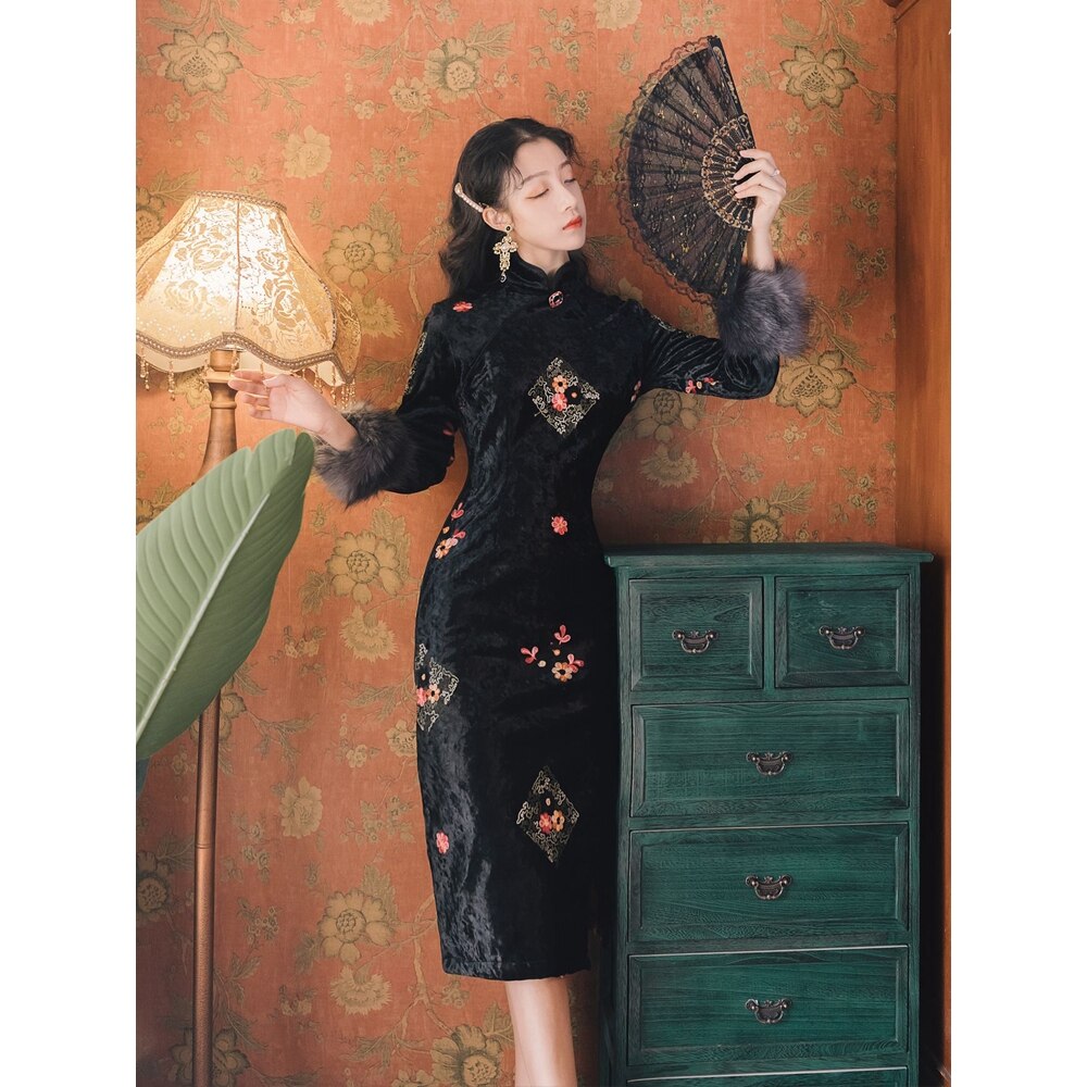 Chinese Traditional Dress Cheongsam Dress Long Sleeve Dress